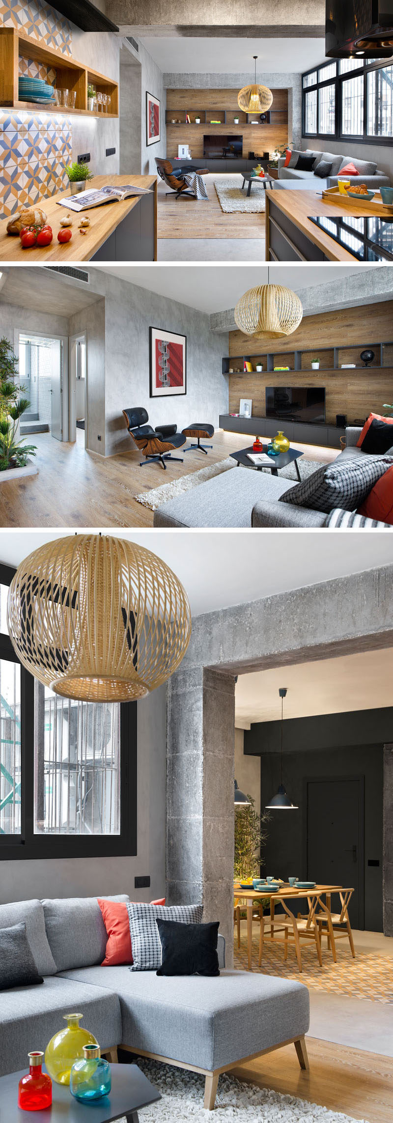 Next to the kitchen in this modern apartment is the living room. A wood accent wall adds warmth to the apartment and created a backdrop for the tv and open shelves above it.