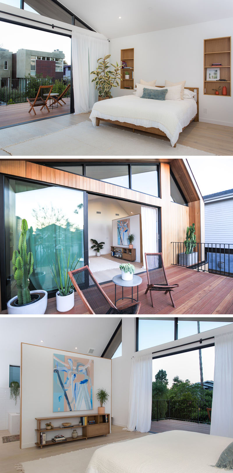 This modern master bedroom features a vaulted ceiling making it bright and airy, while a balcony, which almost spans the entire front of the house, provides views of the outdoor lounge and street below.