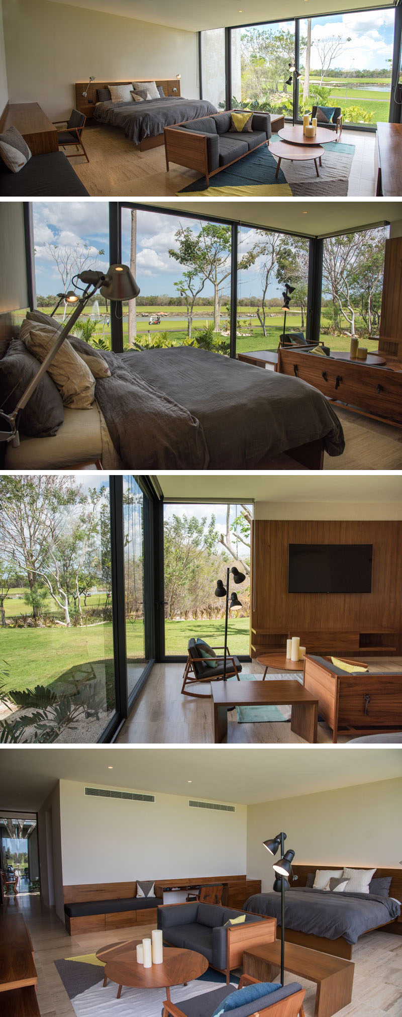 This modern master bedroom, with a lounge and built-in desk, looks out onto the backyard through floor-to-ceiling windows.