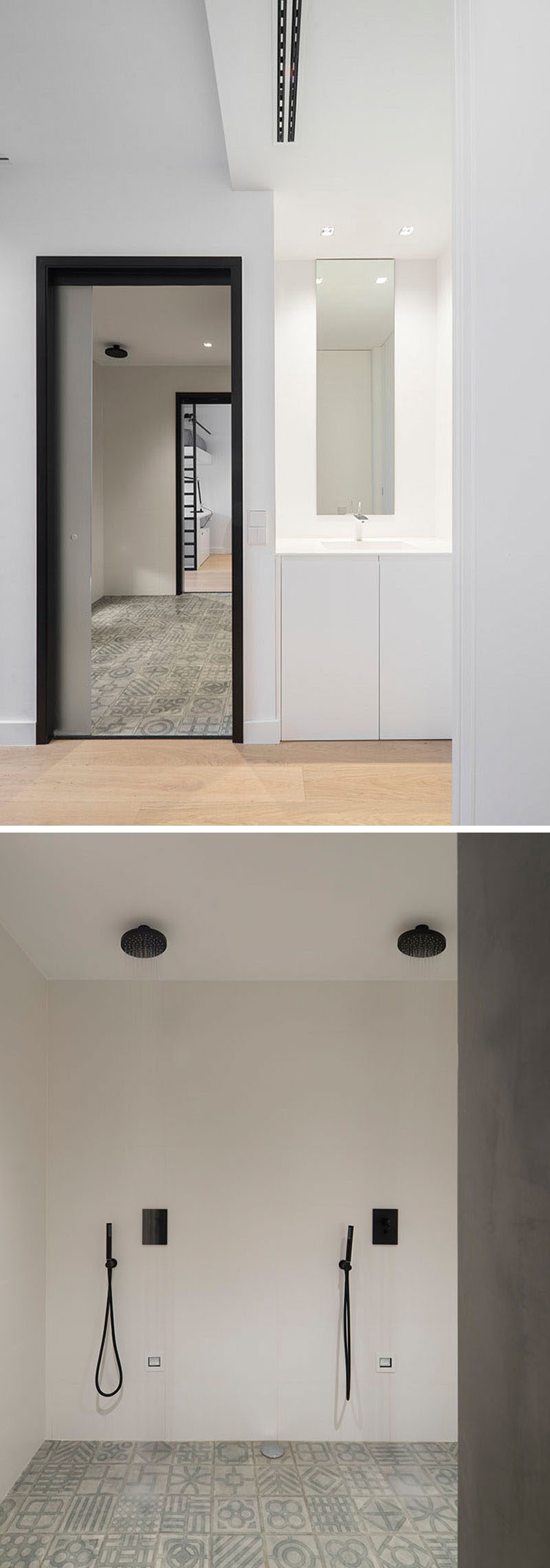 This common bathroom between two bedrooms has dual shower heads in a single wet room. Outside the bathroom there's a simple built-in vanity area.