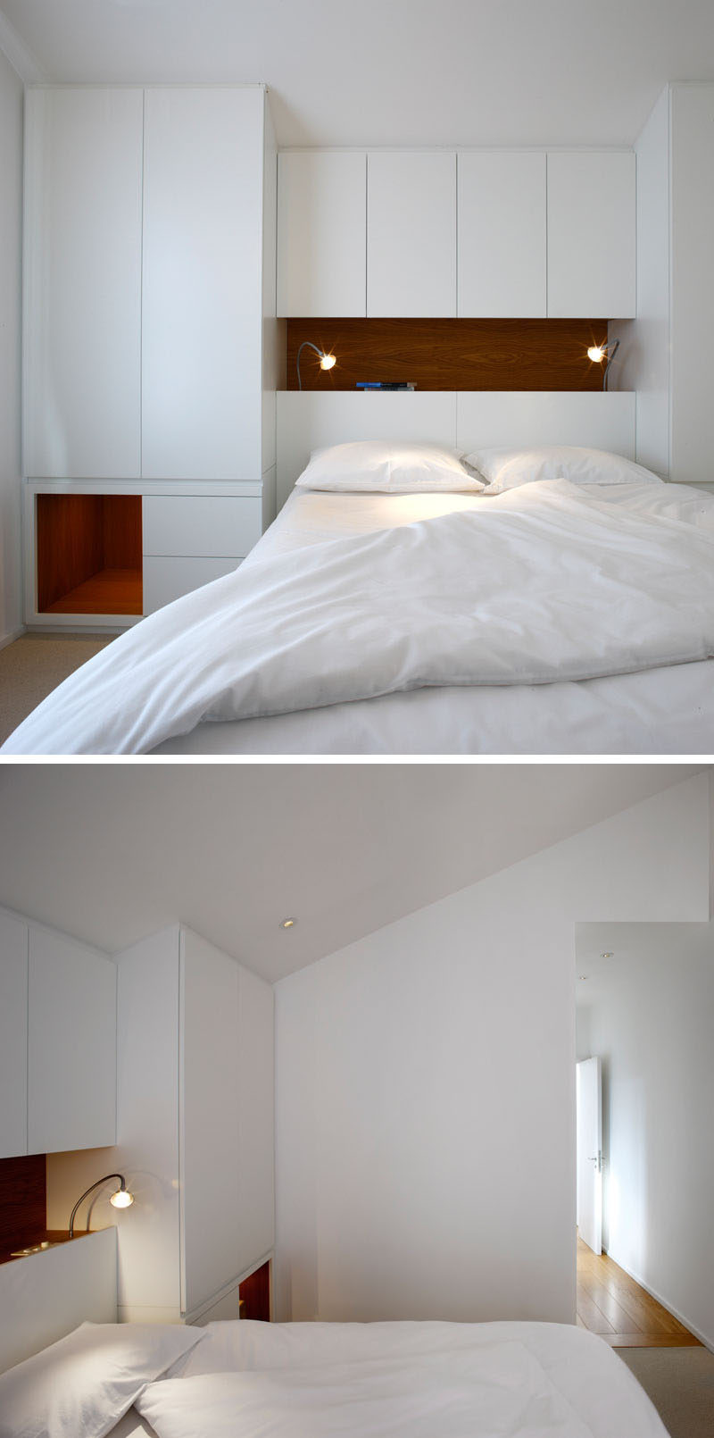 White and wood custom cabinetry has been used to create plenty of storage that surrounds the headboard in this modern white bedroom.