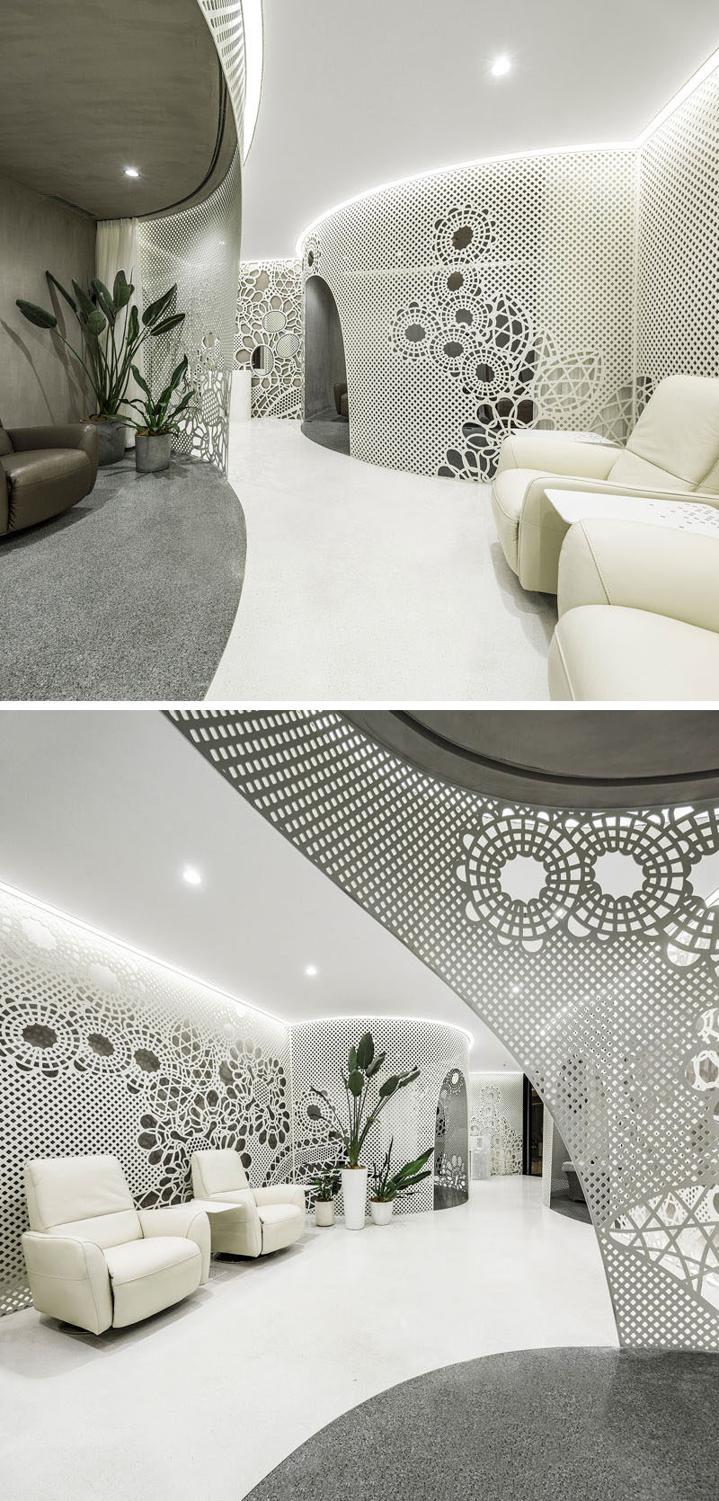 Lace-like patterns on the walls create artistic installations throughout this modern nail salon, while the curved sections of the salon define different areas like manicure, beauty , reception and storage.