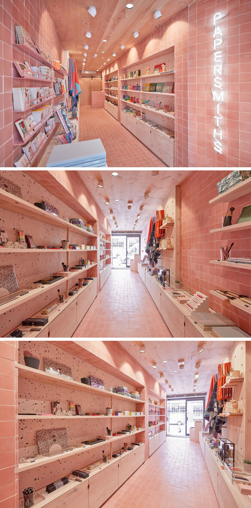 Along a row of similar sized stores, this new retail stationery shop stands out as they created a colorful interior that features European solid Douglas timber, speckled jesmonite and dusky pink encaustic tiles.
