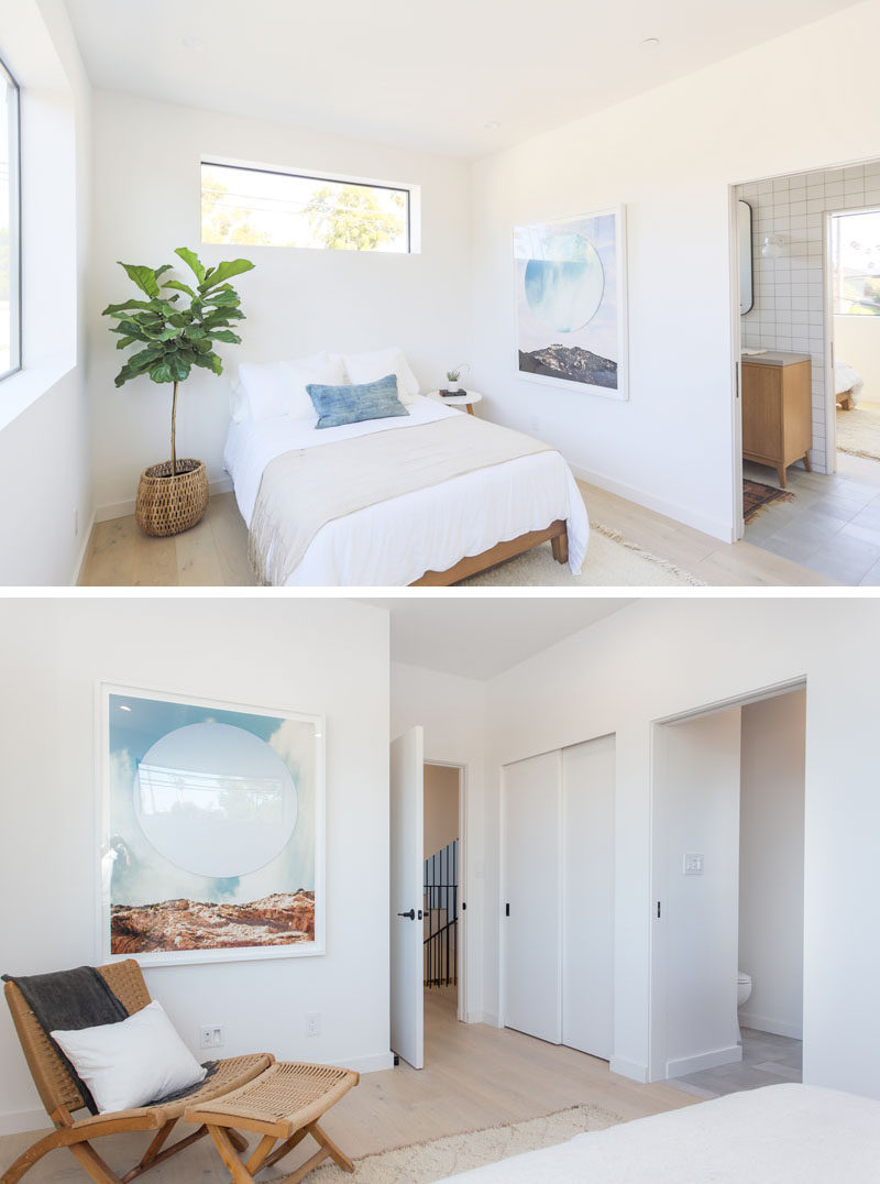 This modern bedroom is simple in its design, with white walls and only an art piece, plant and pillow to add some color.