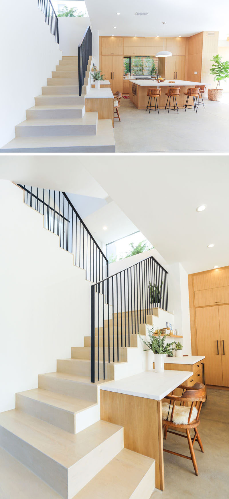 A simple desk has been built into the end of the kitchen cabinets and sits at the base of the stairs.