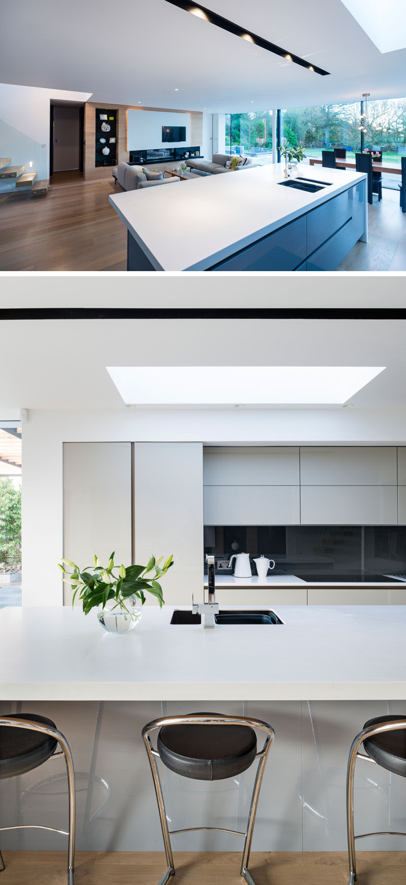 Hardware free minimalist grey cabinets and white countertops keep this kitchen looking sophisticated.