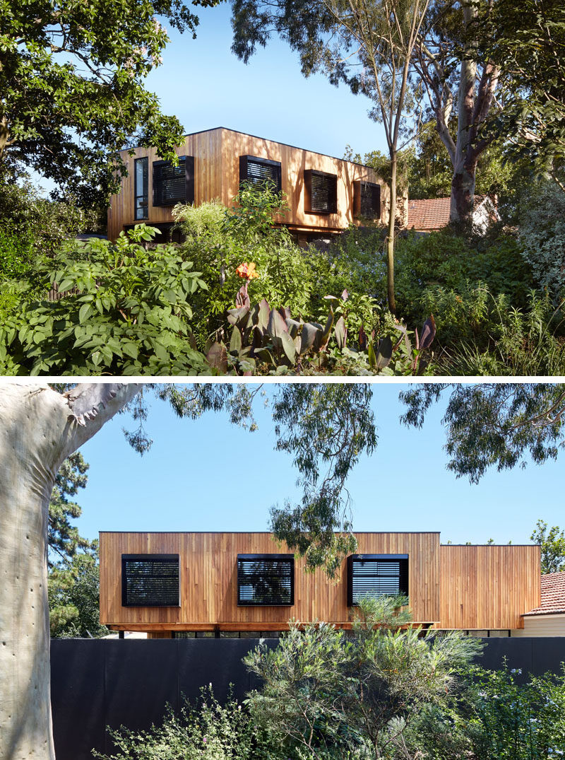 Architecture studio tenfiftyfive have recently completed an addition to an old heritage house in Melbourne, Australia. Black steel windows that project away from the timber facade of the extension create a strong visual contrast.