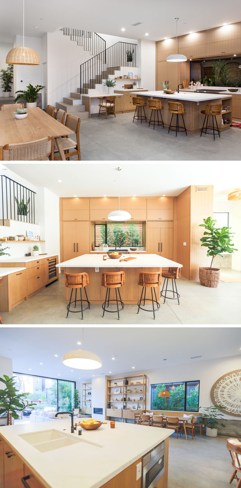 In this modern kitchen, wood cabinets have been paired with custom white marble countertops to tie in with the rest of the wood accents in the open plan room and the white walls.