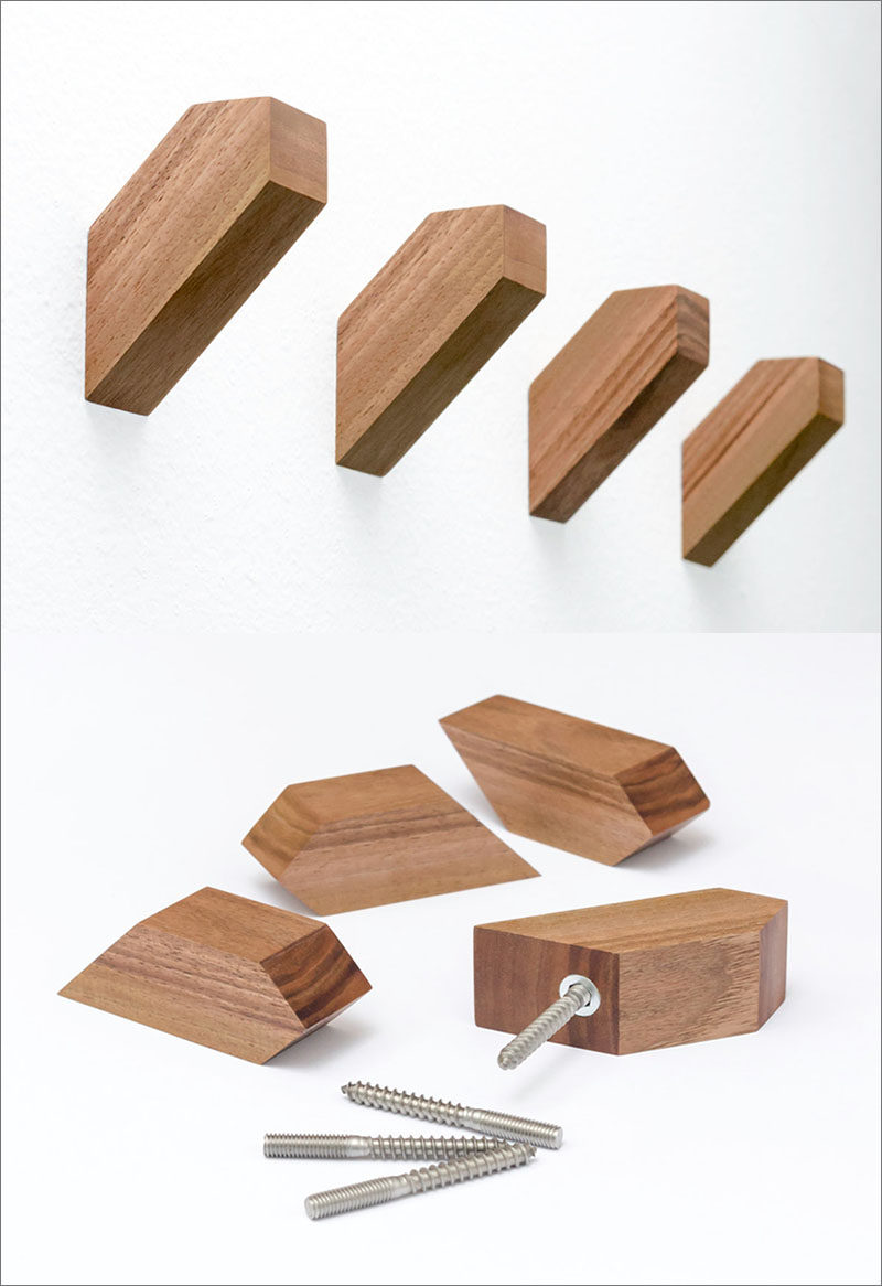 These geometric wood wall hooks are made from European Walnut and have a simple and understated design.