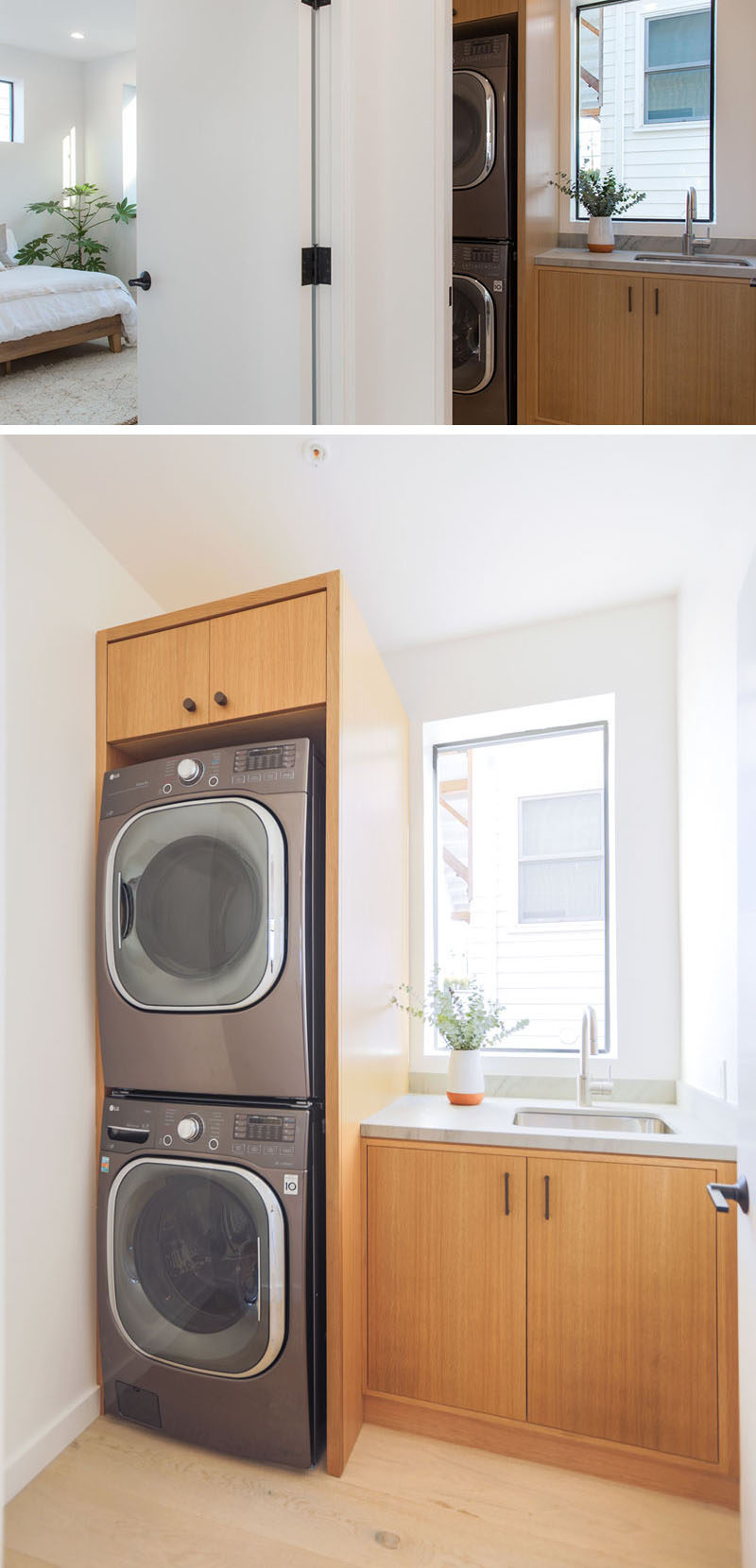 Tucked away in a small room near the bedrooms in this modern house is the laundry room. Custom cabinetry has been used to frame the appliances and create storage.