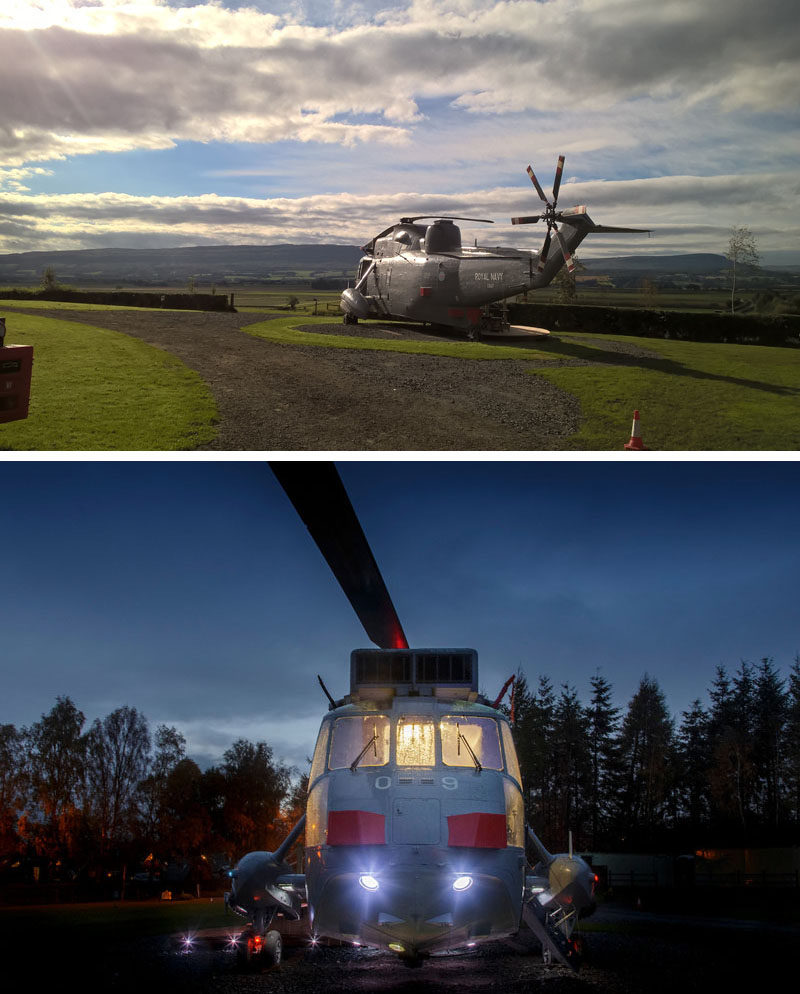 The team at Mains Farm in Stirling, Scotland, thought outside the box and invested in a decommissioned Royal Navy ZA127 Sea King Helicopter and turned it into a fun glamping destination, where you can sleep inside the helicopter.