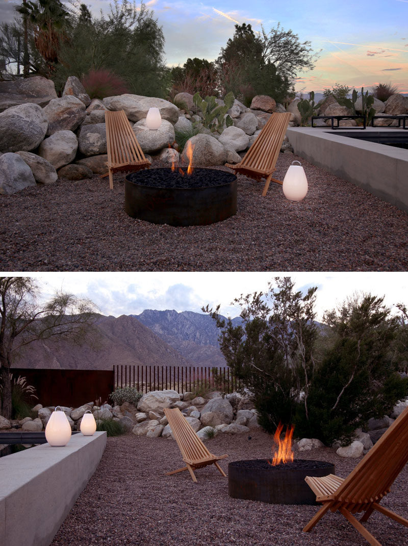 This backyard has a firepit with chairs for socializing on a cool desert night. #firepit #backyard #landscaping