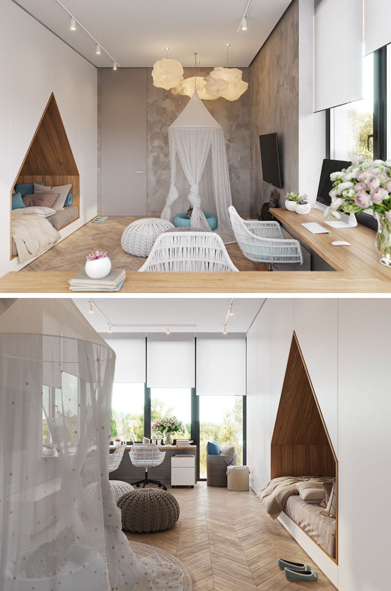 This modern bedroom design has a bed that's been built into a wall of floor-to-ceiling white cabinets, freeing up space to allow a large desk to sit under the window.