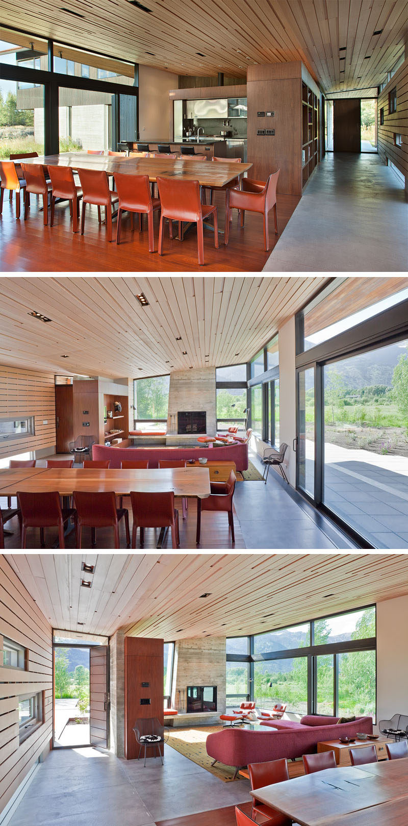 The wood overhang featured on the exterior of this modern house continues inside and becomes the ceiling of the kitchen, living and dining area. At one end of the room is a fireplace with a concrete surround that's flanked on either side by floor-to-ceiling windows.