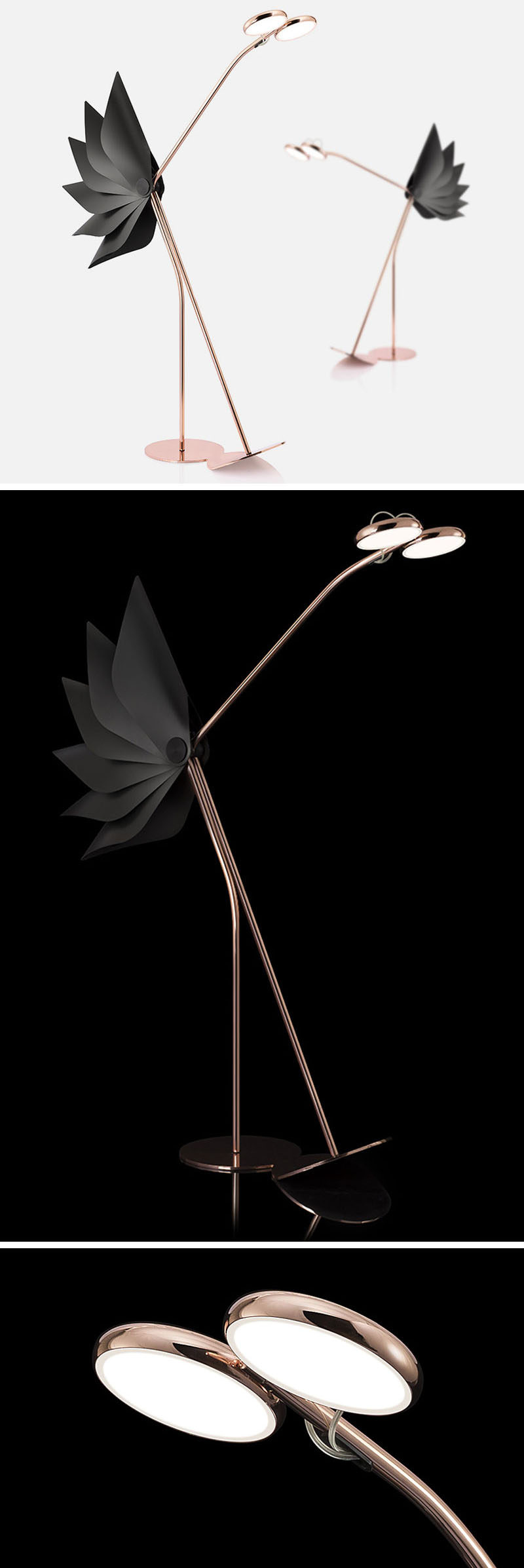 Dorking is a playful floor lamp that has a tail that opens or closes depending on whether or not its eyes are in a lowered or raised position. The lamp is made from copper and aluminum with a articulated tail made from plastic. #FloorLamp #Lighting #Design