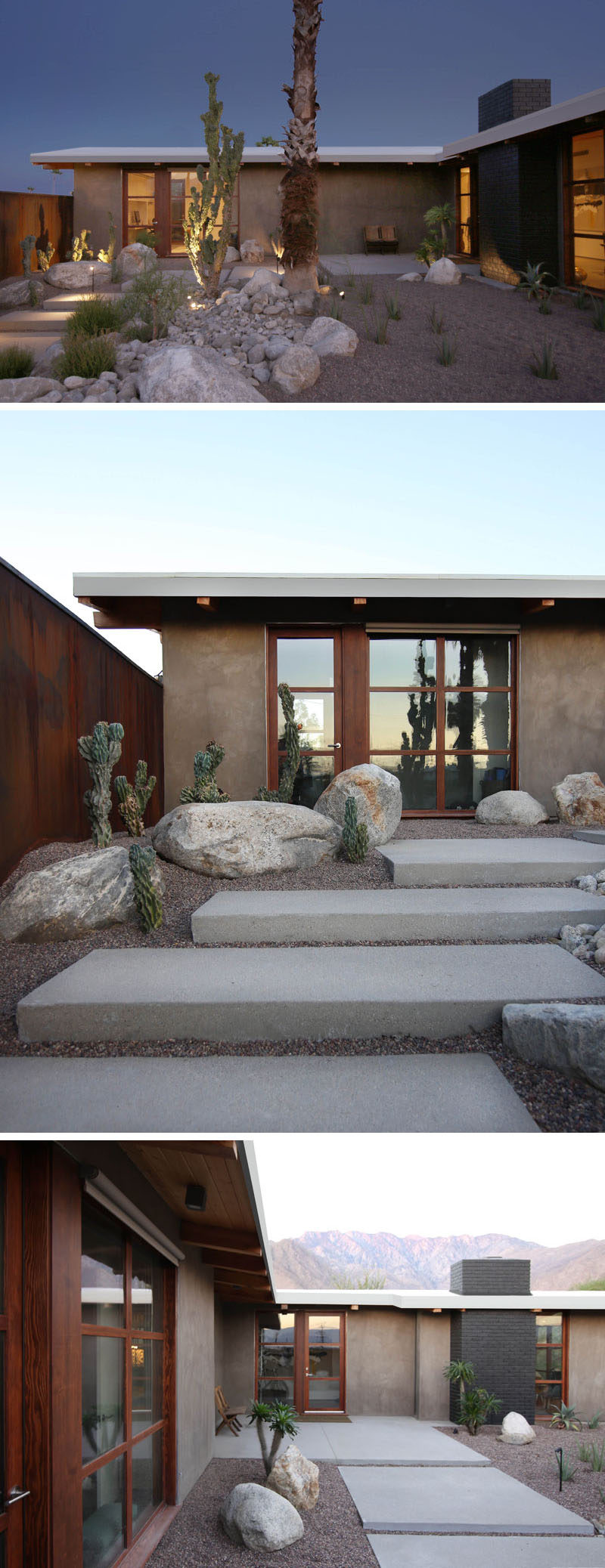 A modern courtyard with desert landscaping and steps leads up to the front door of this renovated mid-century house. #landscaping #garden #courtyard #desertgarden