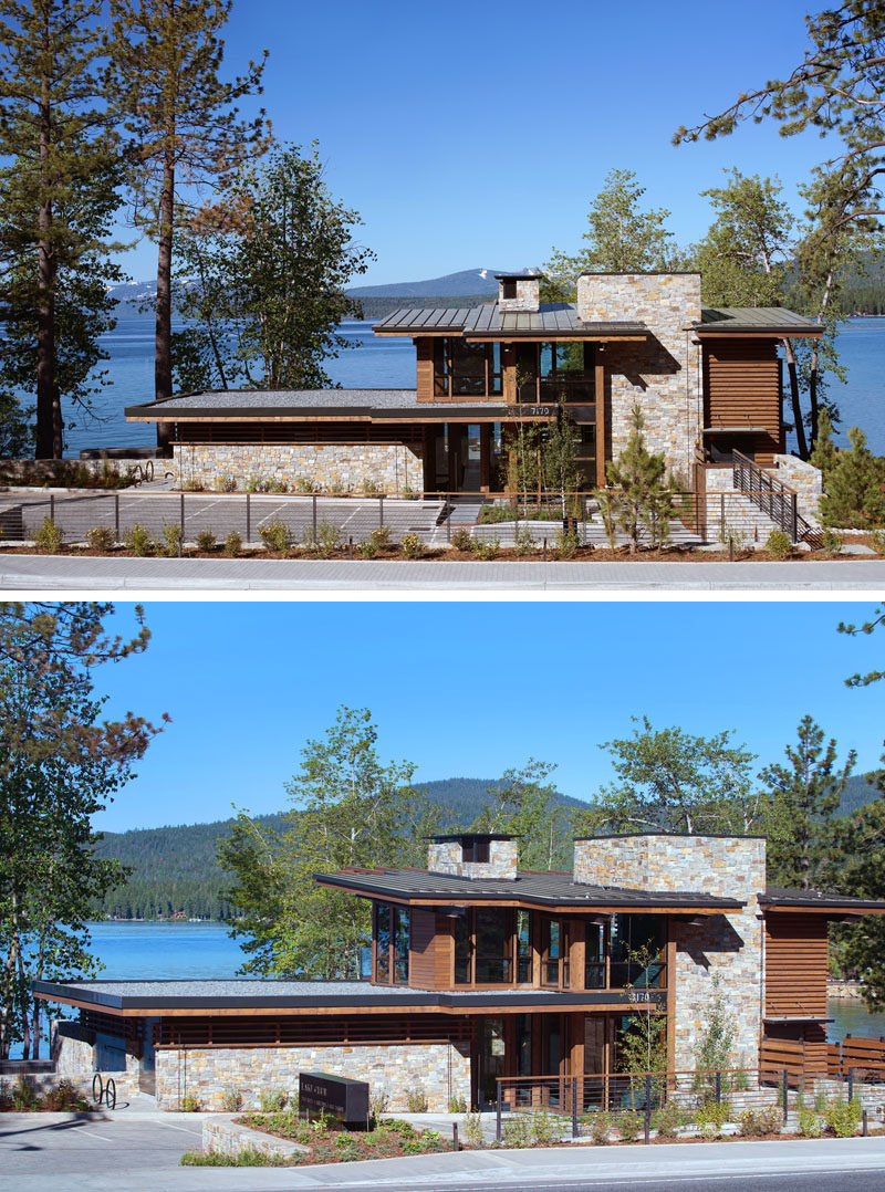 This modern club house on Lake Tahoe uses materials like ledgestone and cedar wood to evoke a warm and welcoming feeling, that when combined with steel and glass, they come together to create a contemporary appearance.