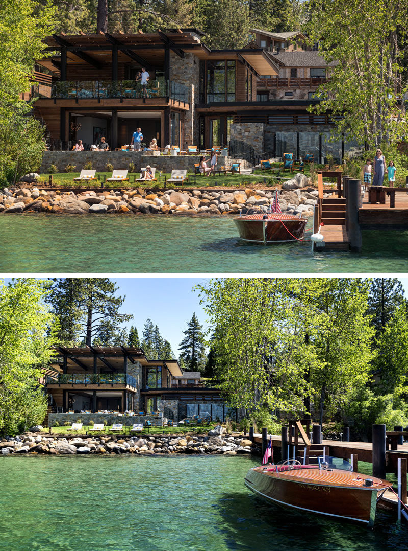 This modern lakeside club house features a ground-floor dining terrace and an expansive lawn that extends to the water’s edge. There's also an outdoor spa and a fire pit.