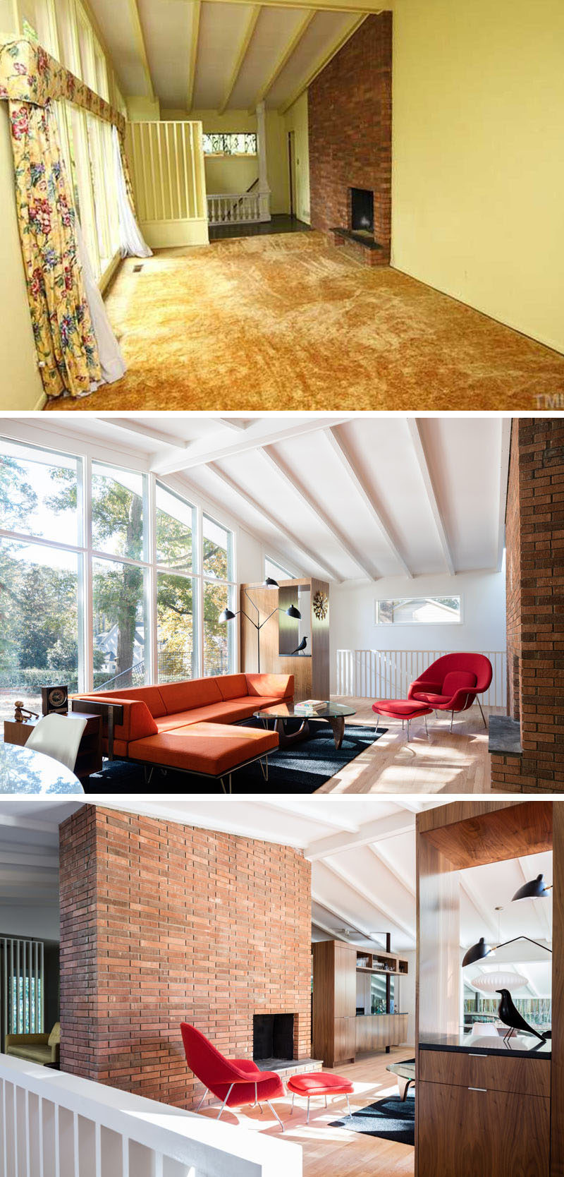 Gold colored carpets, yellow walls and floral window coverings were removed during the renovation of this house, and replace with a bright white interior and wood flooring. The white walls and ceiling help to make the interior feel larger and brighter, as well as creating a continuous color palette throughout the home. The walls around the brick fireplace were also removed to create an open interior.