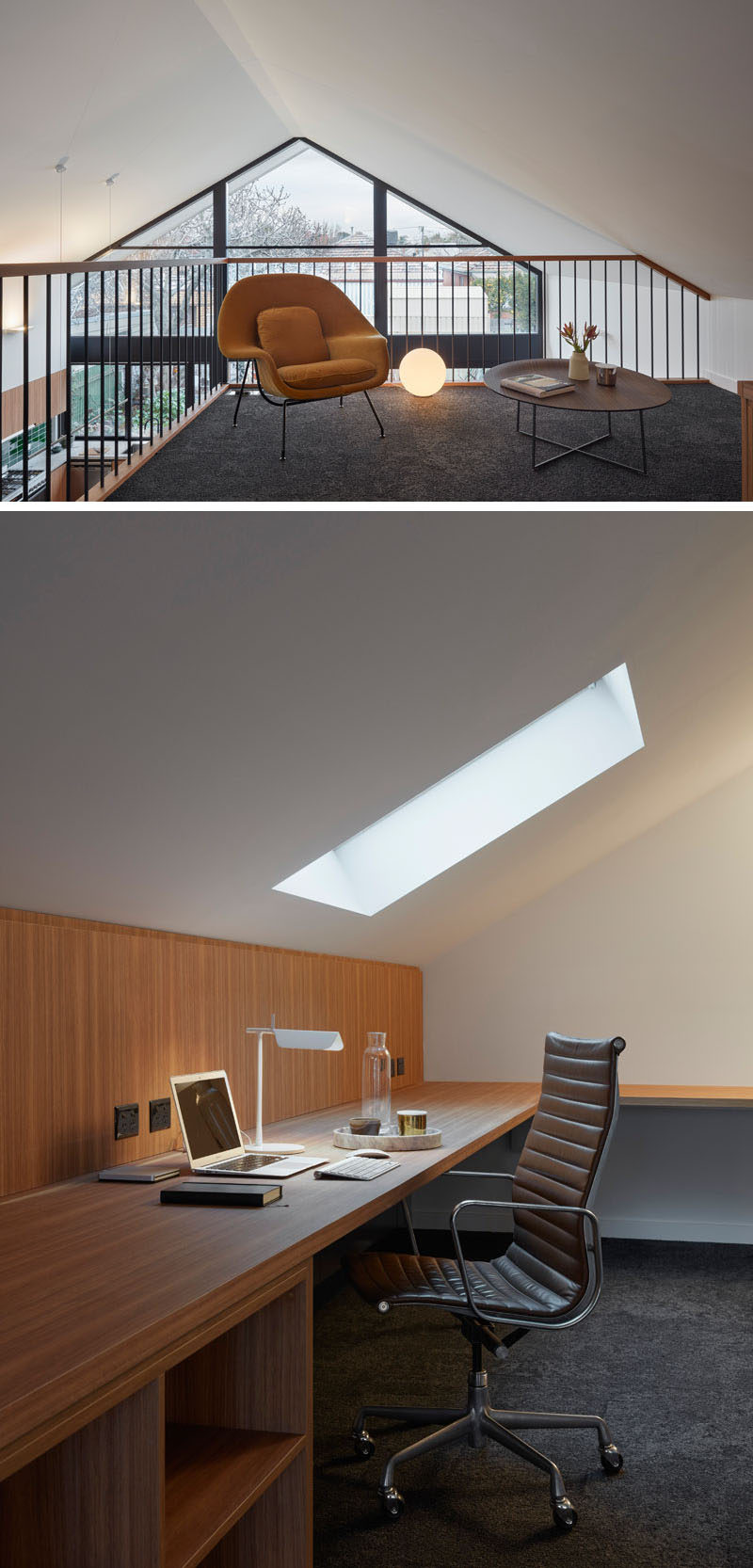This modern house extension features a mezzanine set up as a study with a built-in desk and skylight.
