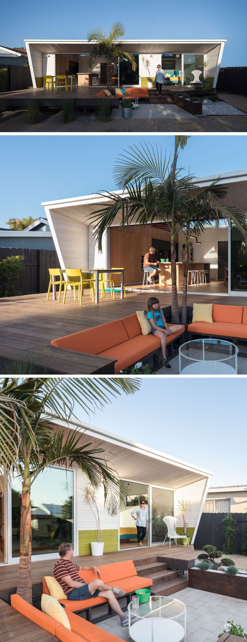 This renovated modern beach house has a roof line that overhangs the deck and provides some shade. Stepping down from the wood deck is a built-in lounge.