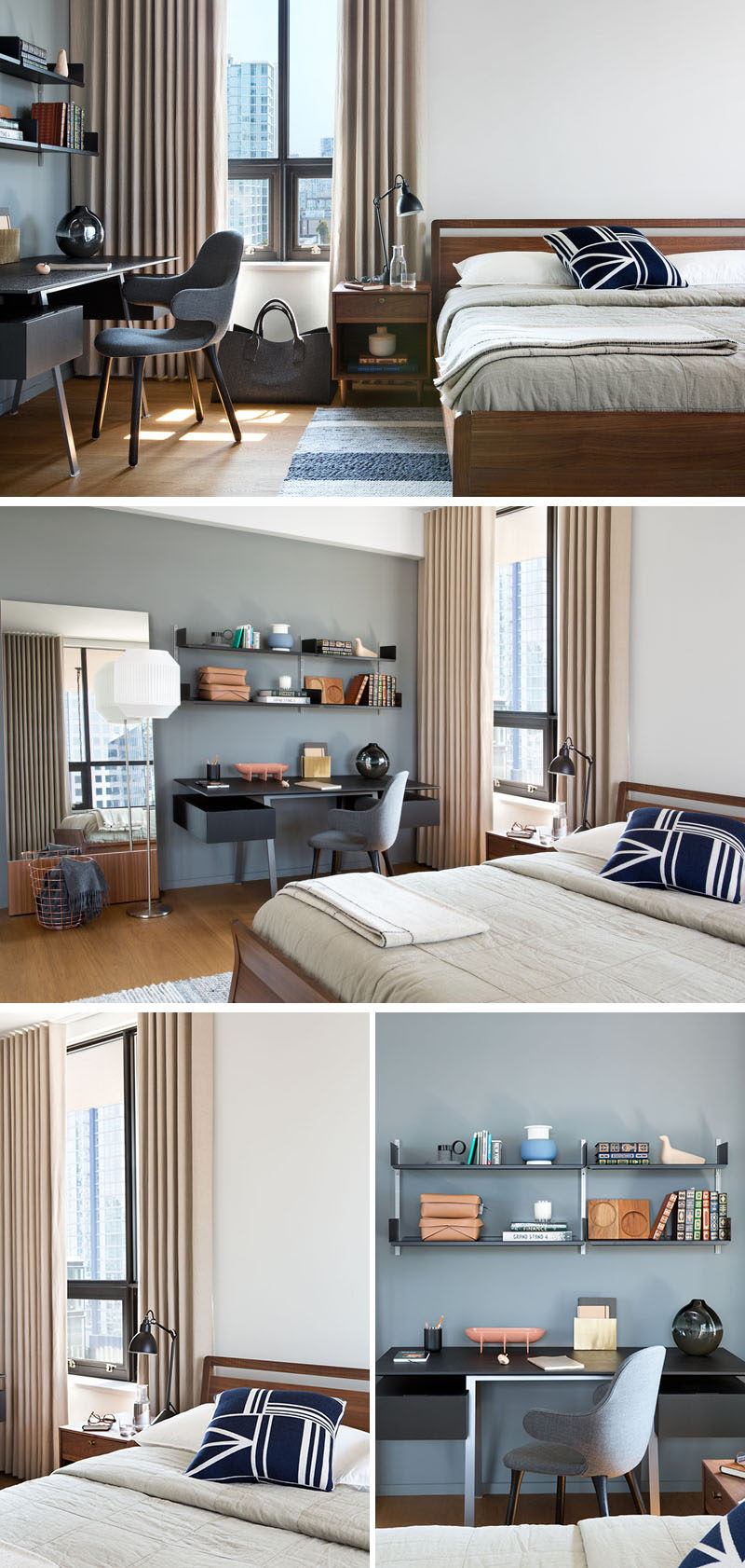 In this modern bedroom, a wood bed frame and side tables adds a touch of warmth to the room. Beside the bed, there's a a small home office area, with a desk and open shelving.