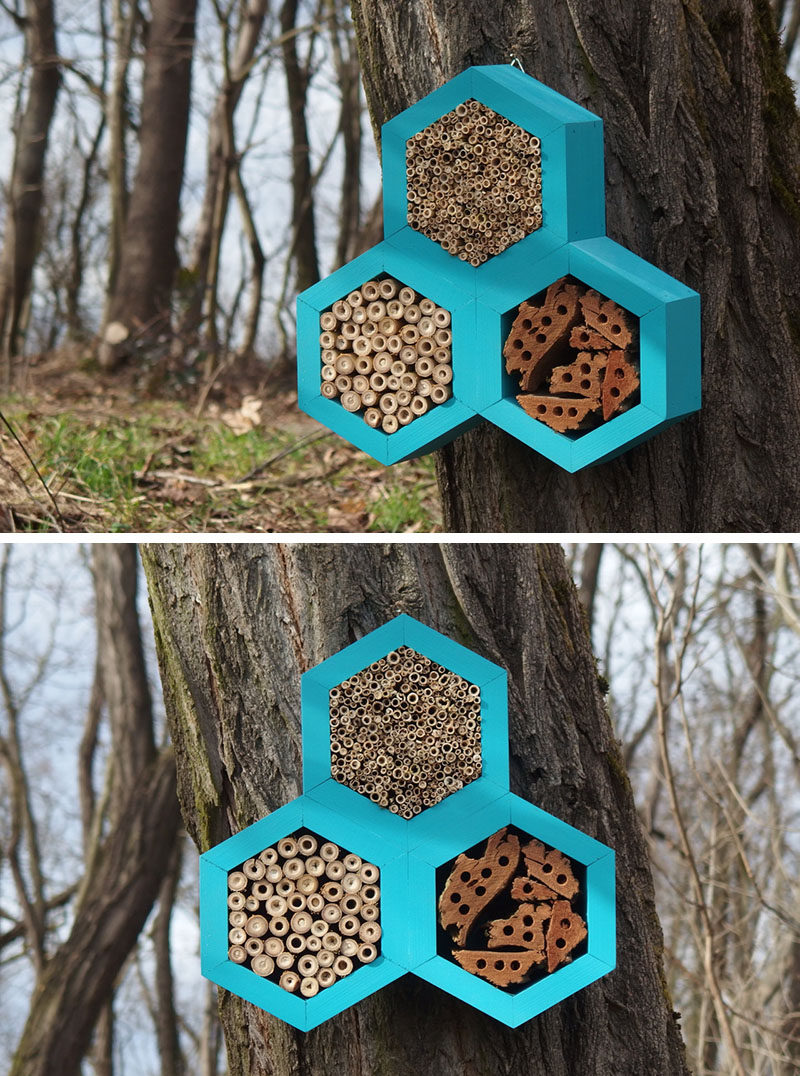 This Bee Hotel takes on a hexagonal shape similar to the shape of honeycomb and creates many hiding places for non-aggressive insects like solitary bees, bumblebees and ladybugs. #BeeHotel #Bees #Garden #Design