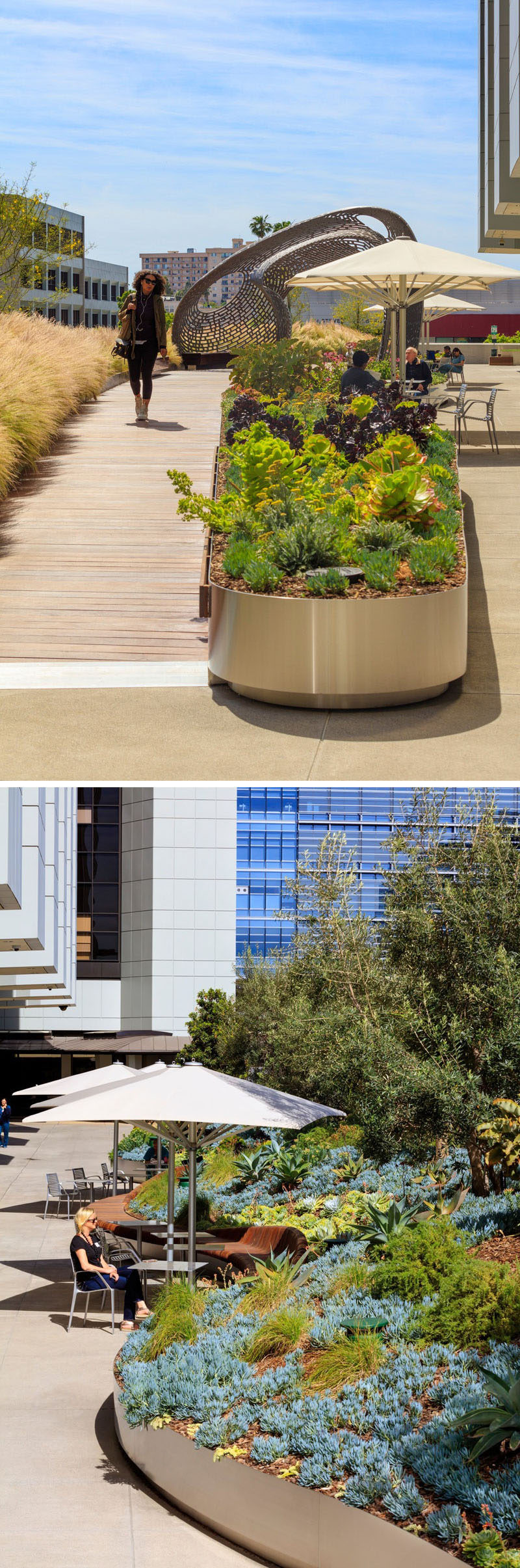 This modern landscape design includes wood paths surrounded by plants creating calming places to walk, while umbrella-shaded tables and chairs provide a place for people to relax out of the sun.