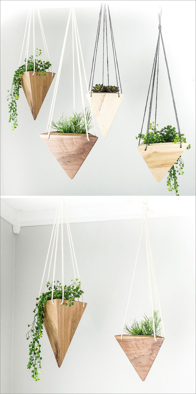 Fernweh Woodworking has created a collection of modern, geometric hanging wood planters, made from solid pieces of real wood.
