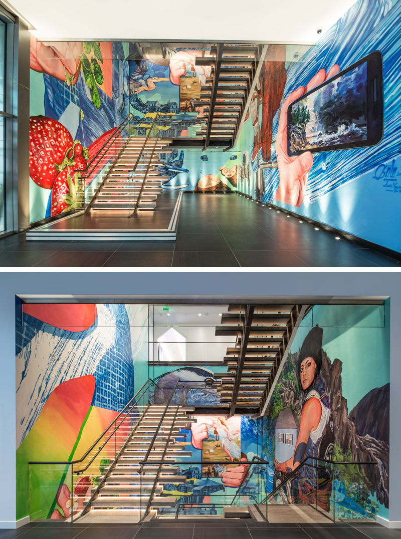 Bold and colorful street art murals by international artist Gaia, lines the stairs in this modern hotel.