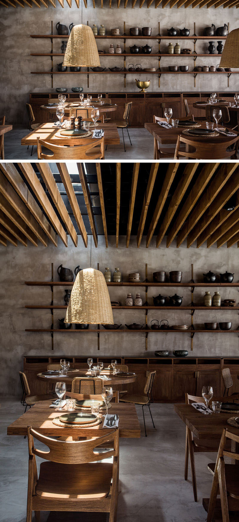 Throughout the design of this hotel in Greece, warm grey walls have been paired with wood elements to create a relaxing and contemporary appearance. #InteriorDesign #Restaurant #Hotel #Shelving