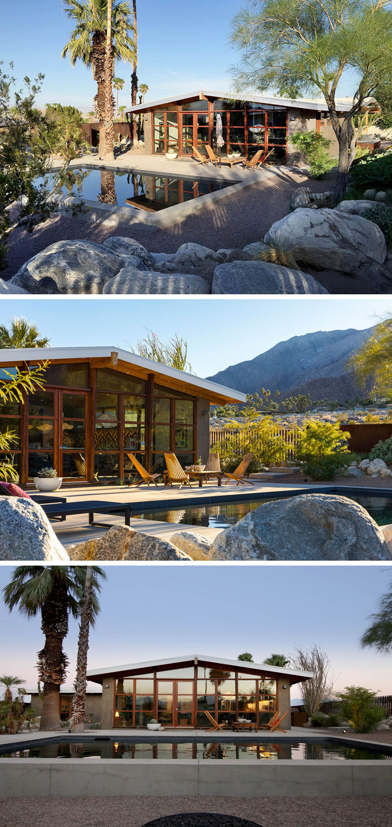 This renovated mid-century modern house received new landscaping with a patio and pool. #landscaping #LandscapeDesign #garden #pool #patio #architecture #MidCenturyModern