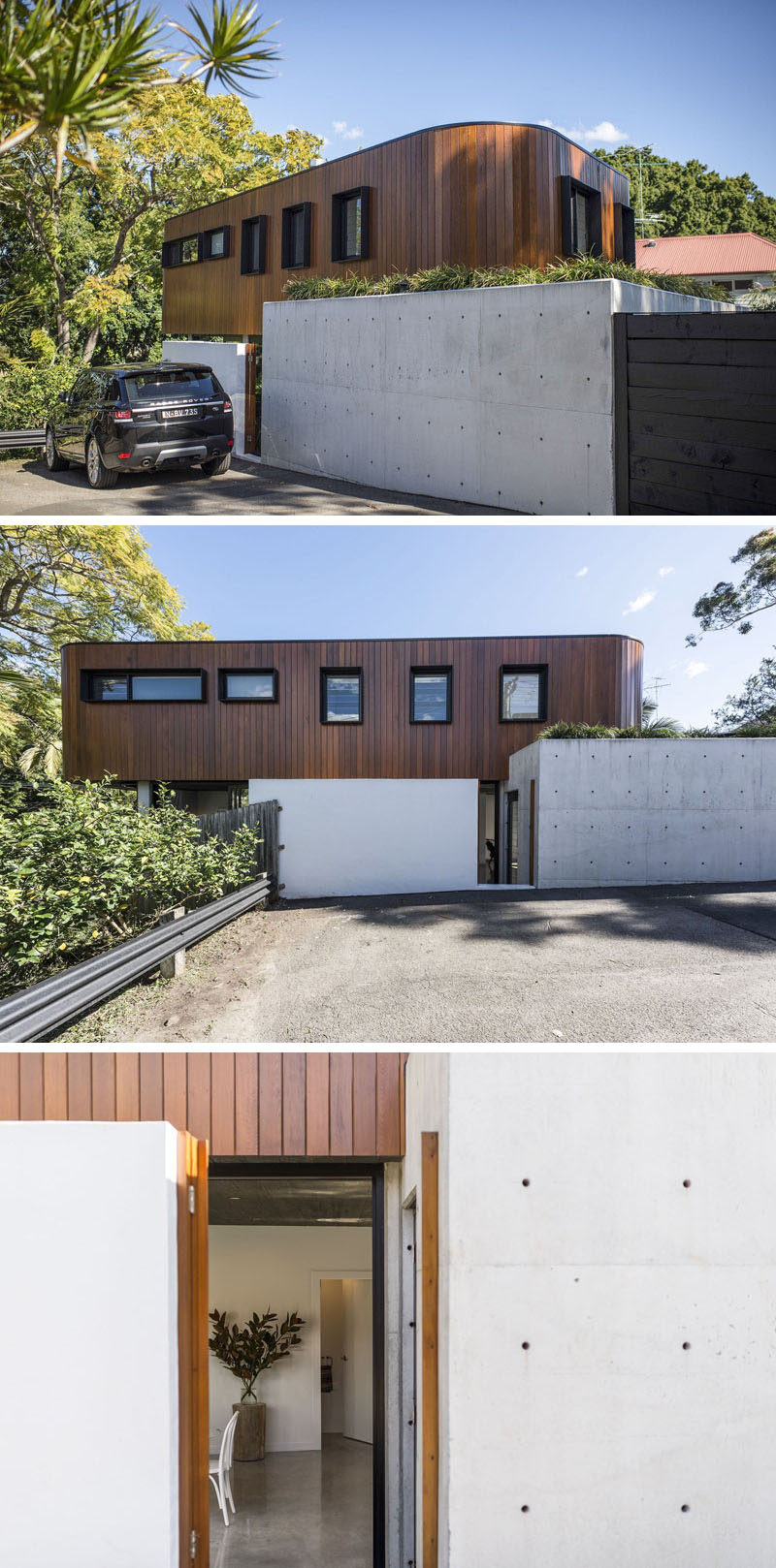 The second floor of this modern house features black window frames that protrude out from the wood facade. #ModernHouse #Wood #Concrete #BlackWindowFrames