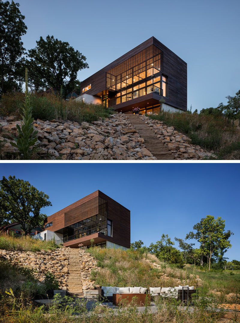 This modern house sits on a waterfront lot on Weatherby Lake, Missouri, and has plenty of room for entertaining friends, like the outdoor seating area with a firepit.