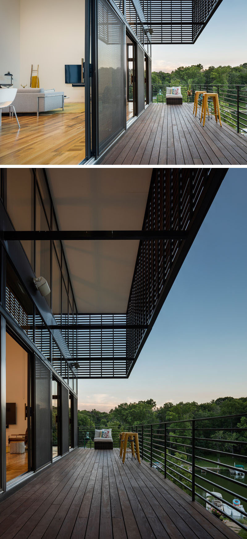 This modern home has a large balcony that overlooks the lake.