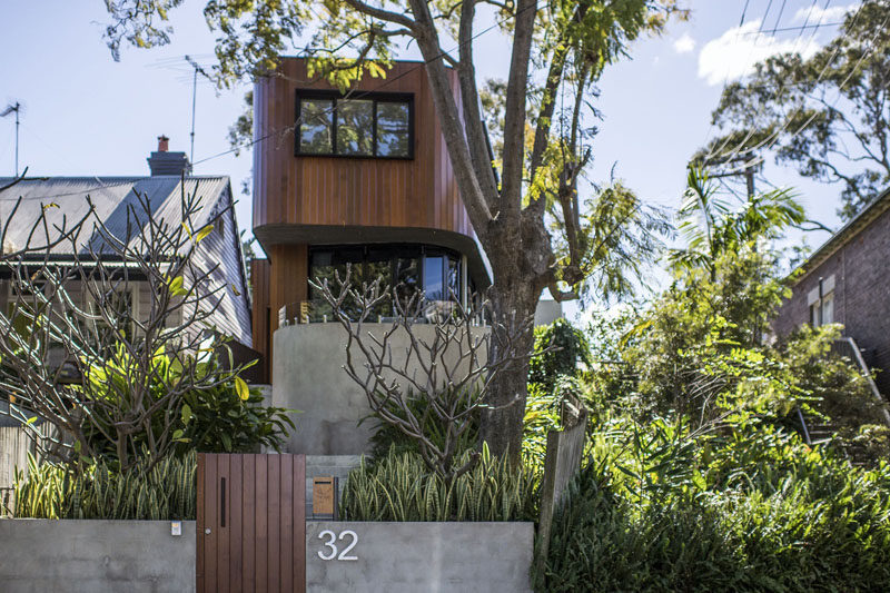 This modern curved wood and concrete house features a path surrounded by plants that leads up to the house from the street. #Architecture #ModernArchitecture #Garden #Landscaping