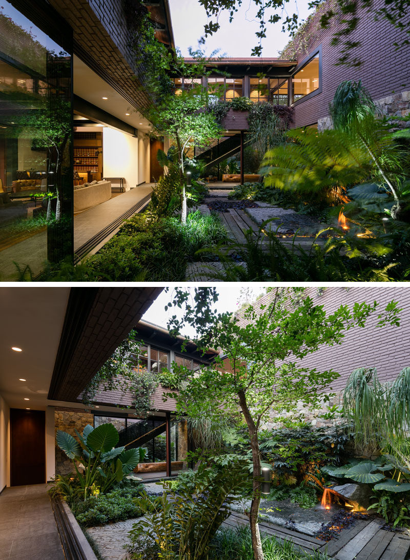 Next to the main living area in this modern house is an internal courtyard, filled with plants and a water feature.