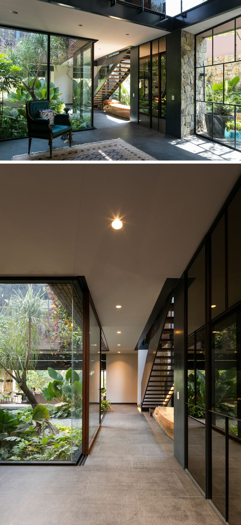 This modern house has a glass wall that shows off the internal courtyard from hallway.