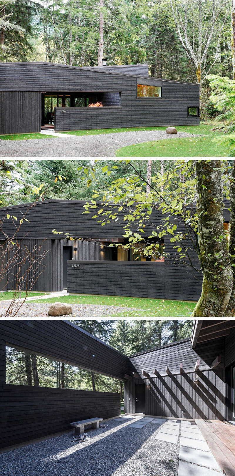 At the front of this modern house, there's a small cut-out allowing a section of the wall to be used as a privacy fence. Behind the wall, there's a entry courtyard that serves as a transitional space before entering the home and helps to keep the many elk herds at bay.