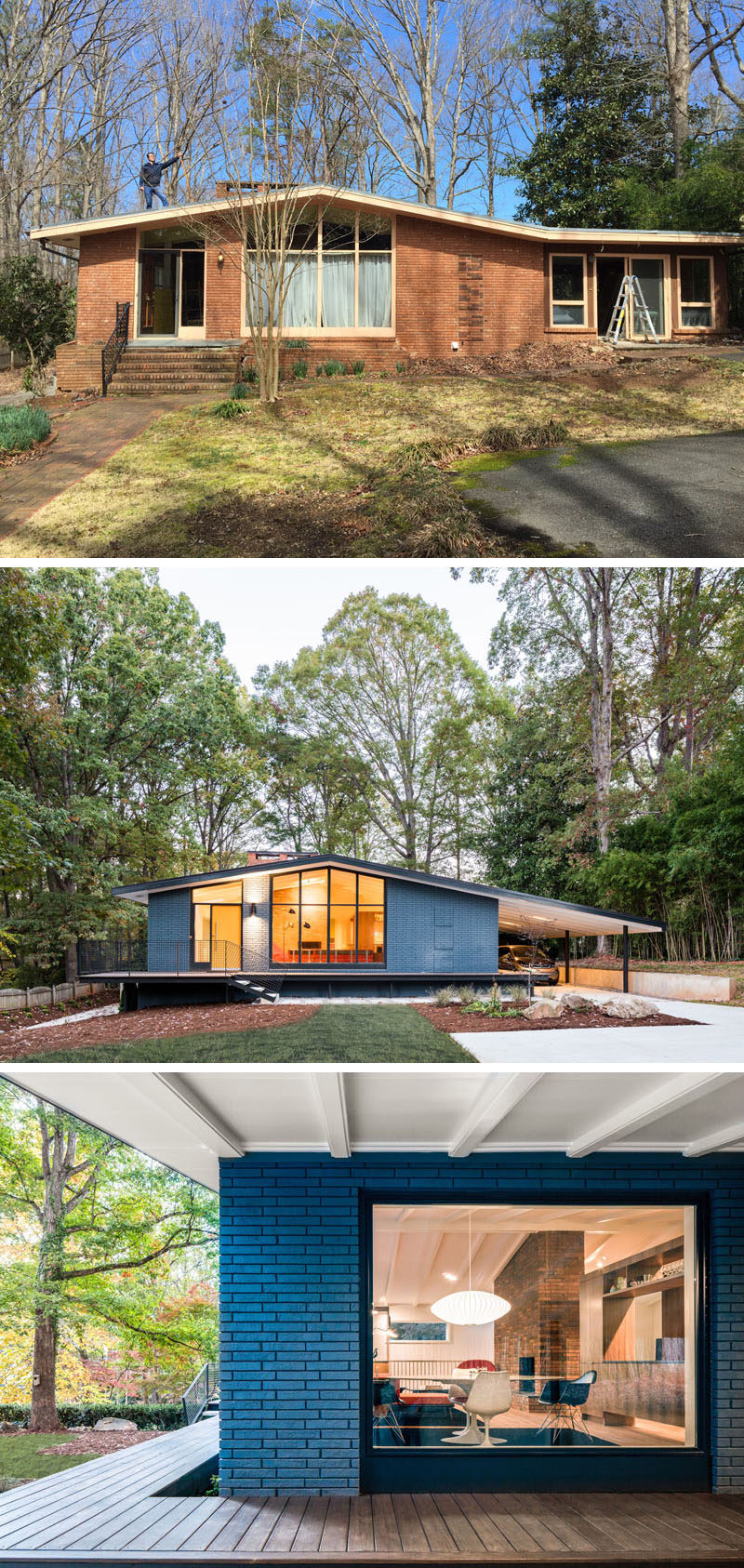 This mid-century modern house was given a fresh update by removing a badly built sunroom and painting the brown brick a bold blue.