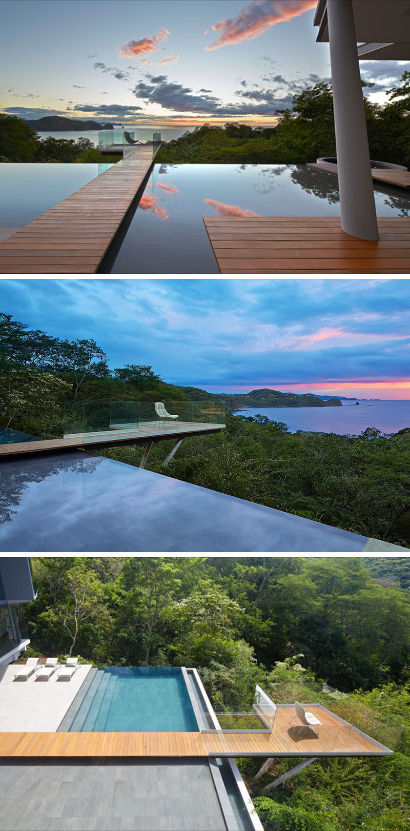 This modern house, designed to enjoy the views, has an infinity edge pool and a walkway that leads out to a deck that extends away from the house.