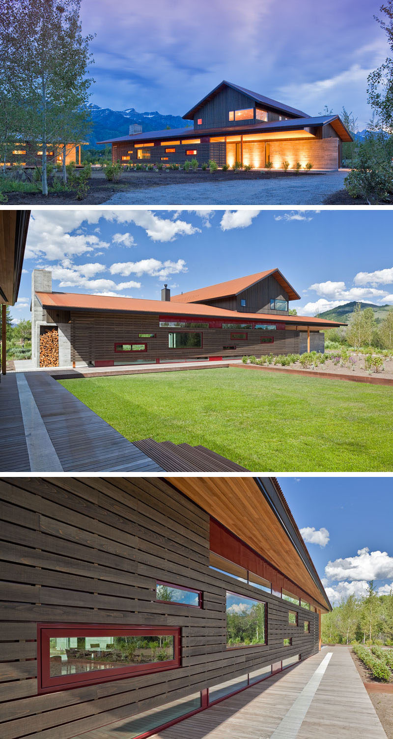 This contemporary mountain property has been designed so that the main house and guest quarters are located in separate buildings. The layout of these buildings also allows outdoor spaces to form between them, creating a courtyard and lawn area.