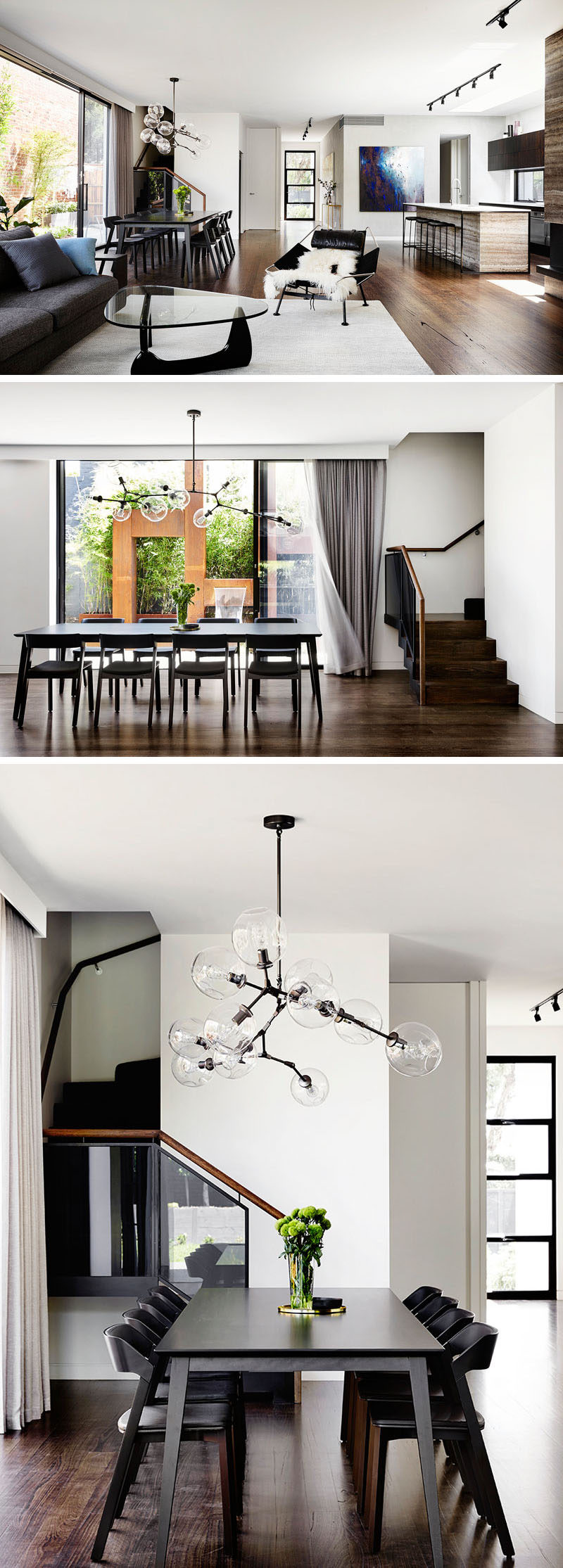 This modern open plan interior anchors the dining table in the space by using a chandelier.