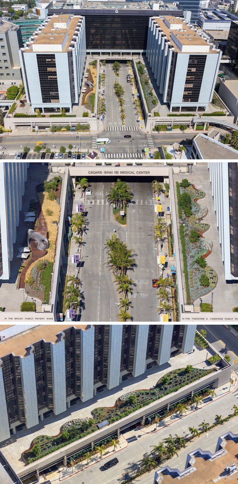 AHBE Landscape Architects have designed the new Healing Gardens and terrace for Cedars-Sinai Medical Center in Los Angeles, California. The garden is separated into two concrete plaza sections that sit on top of a multi-level garage.