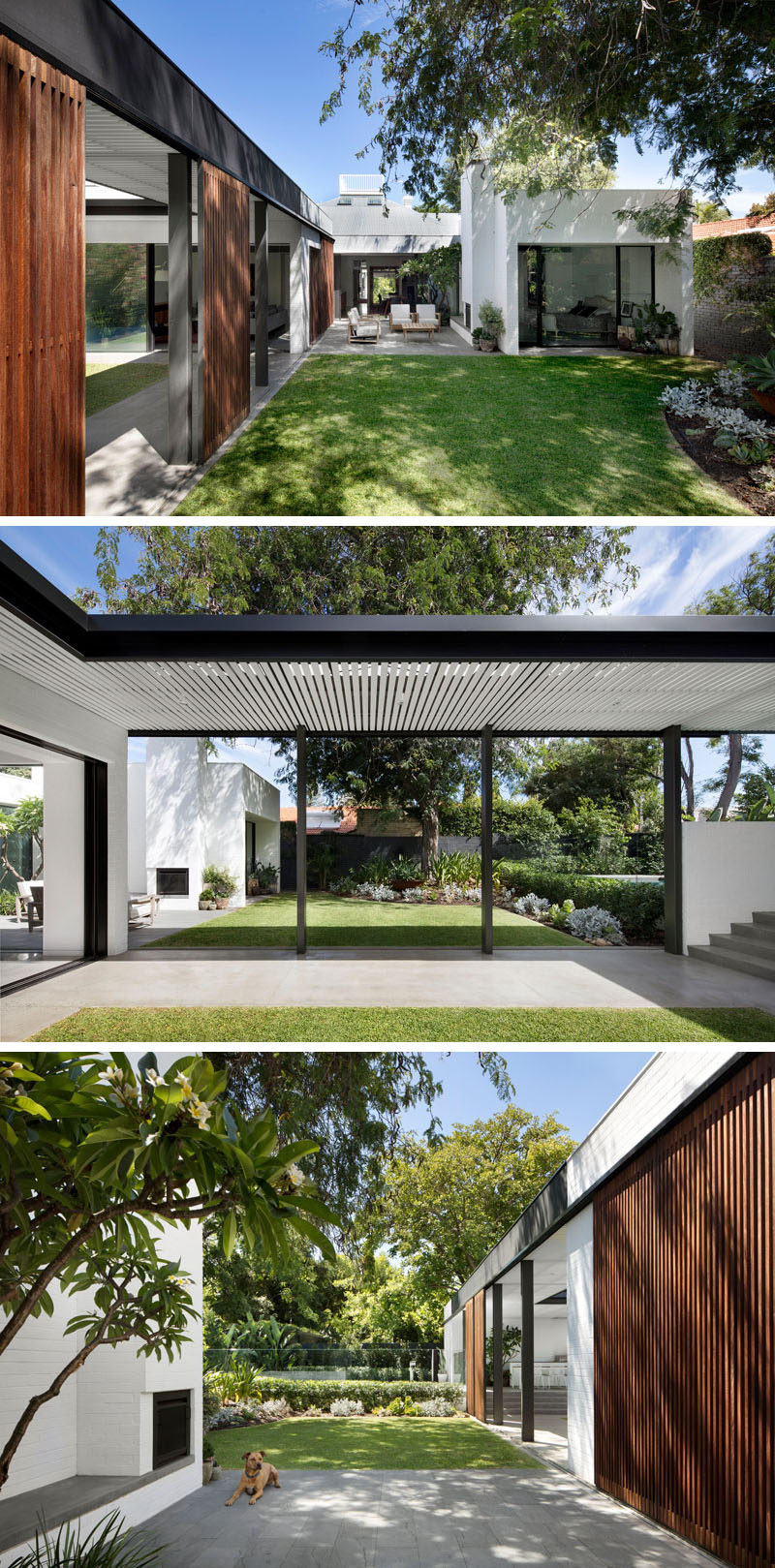 This modern backyard has multiple levels. Stepping down from the swimming pool, is a small grassy area under a tree, and next to the lawn is an outdoor lounge focused on a fireplace.