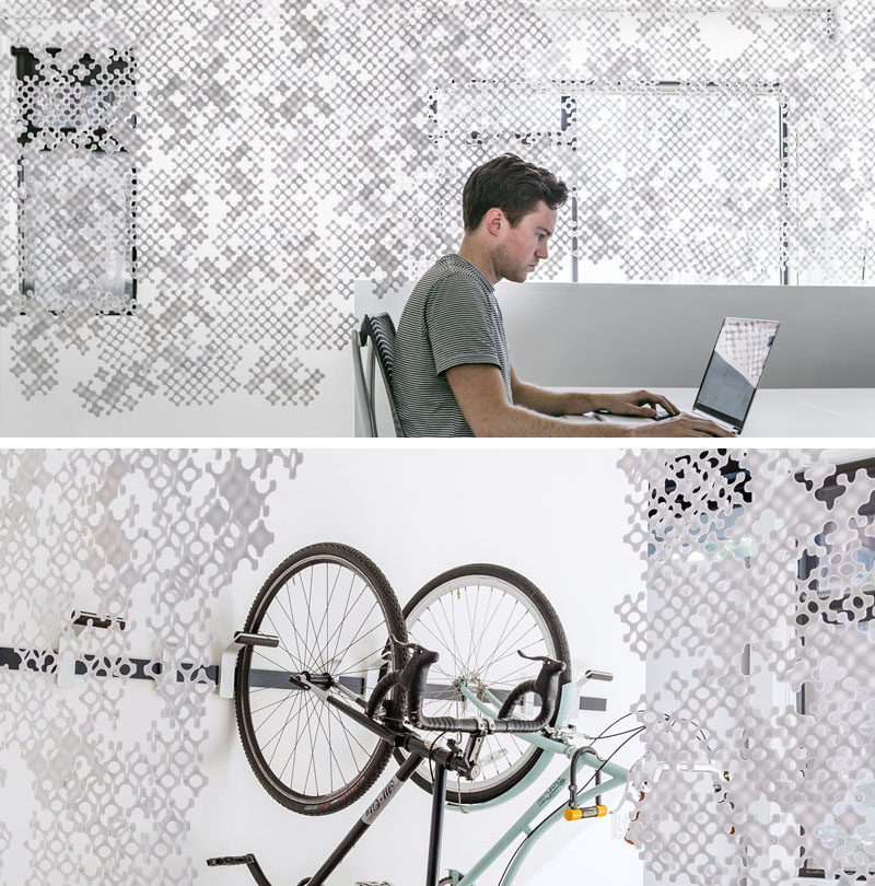 Veil is a modular partition or privacy screen that can be used to separate spaces yet still allows some light to pass through.