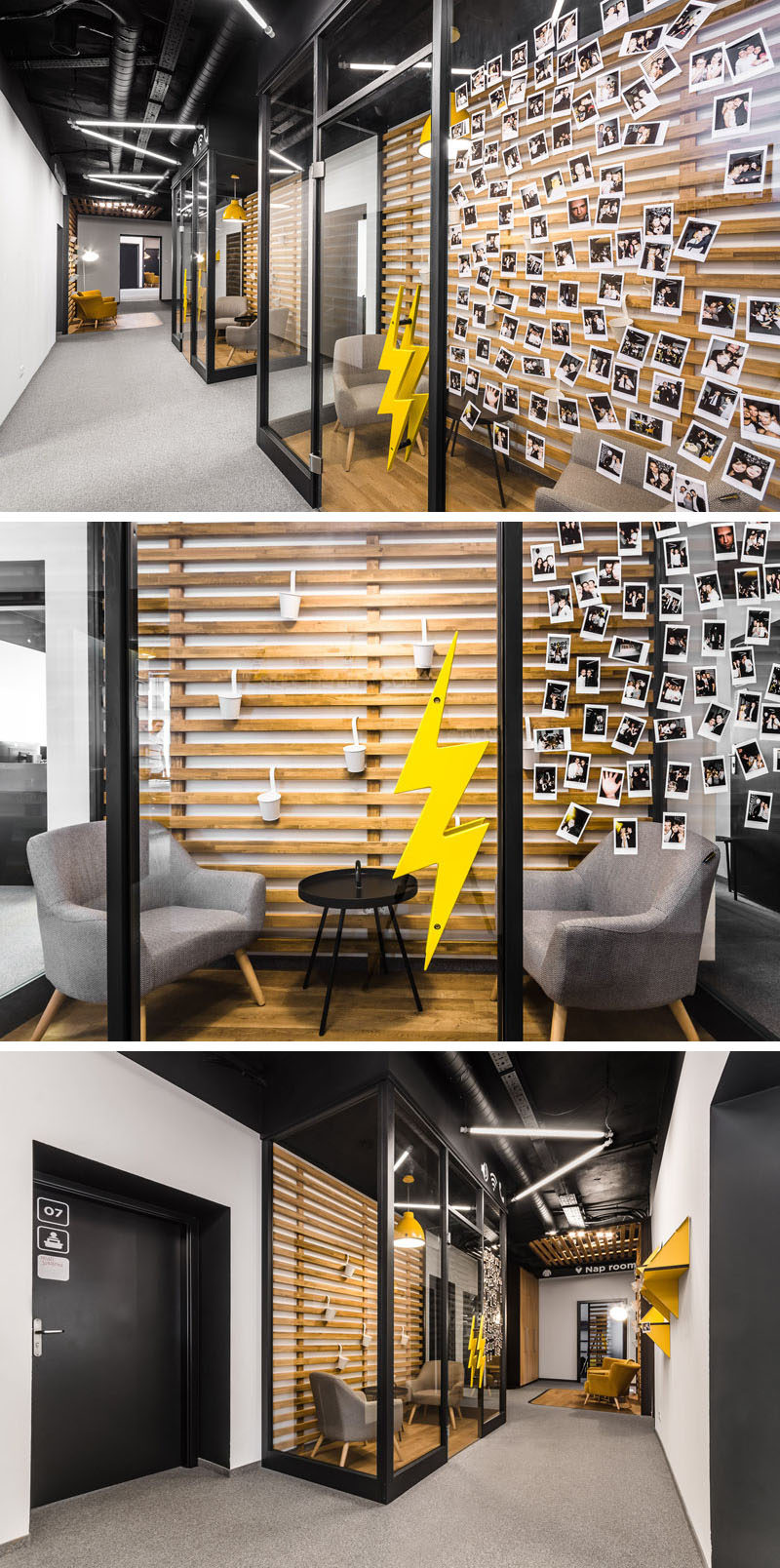 In this modern office, glass enclosed rooms allow for fun artwork or photos to be attached to the glass, and the wood slats and flooring match the other seating areas in the hallway.