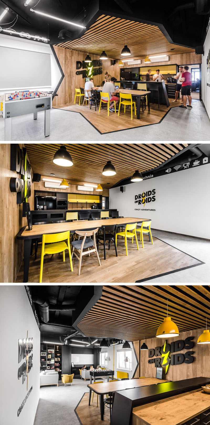 In the employee break room of this modern office, the area is split up into two sections, the first being the kitchen and dining area. Diagonal lines that outline the wood have been used to clearly define the area, while the wood slats and wood wall create a contrast to the black and yellow kitchen.