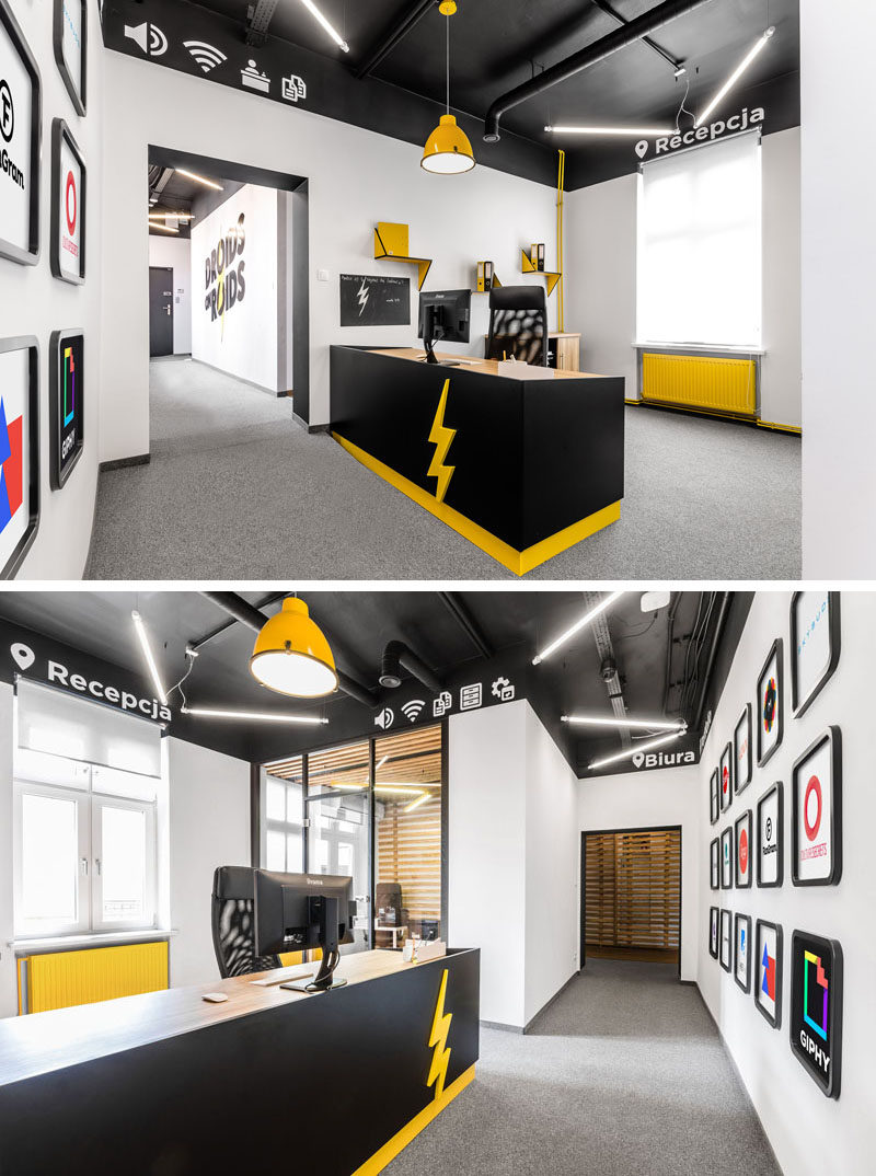 Throughout this modern office interior, like in the reception area, there are icons placed on a stripe resembling a status bar that allows people to easily identify the function of each space.