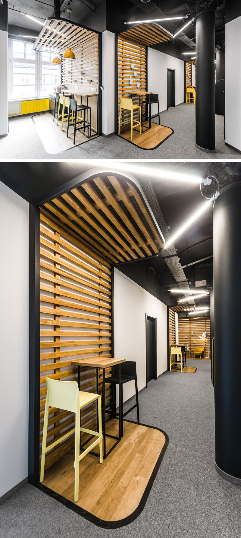 In this modern office, there's clearly defined seating areas with wood slats and a black border that frame wood bar tables with black and yellow seating. 